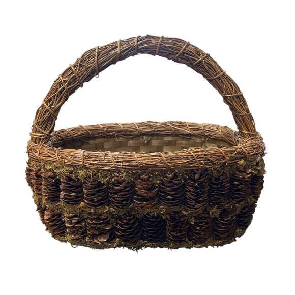 Handcrafted Pine Cone Moss and Wicker Basket With Handle Fairy Flower 10x6 - Picture 1 of 7